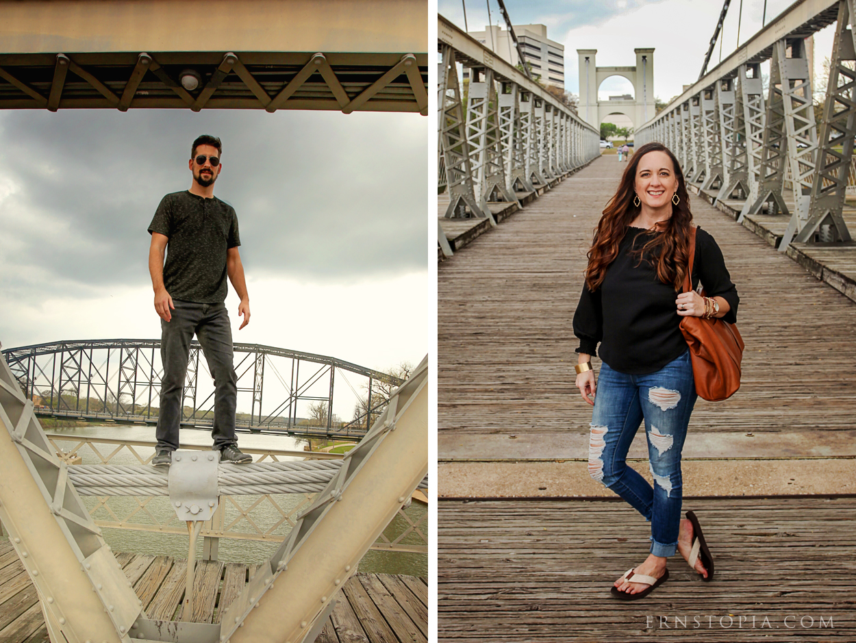 Walking across the historic Waco Suspension Bridge