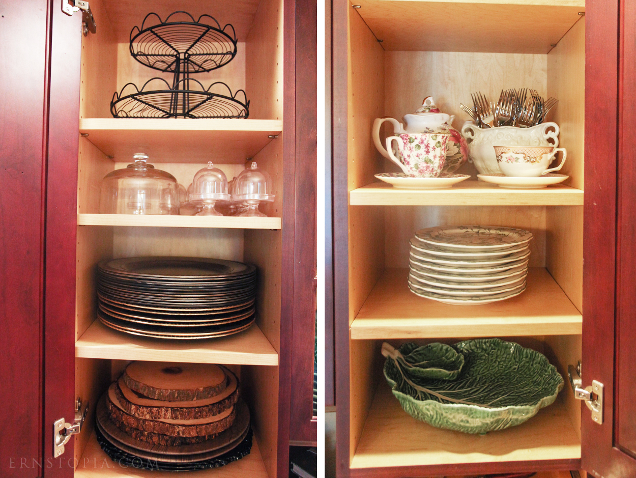 A look at the dishes and linens inside of my hutch