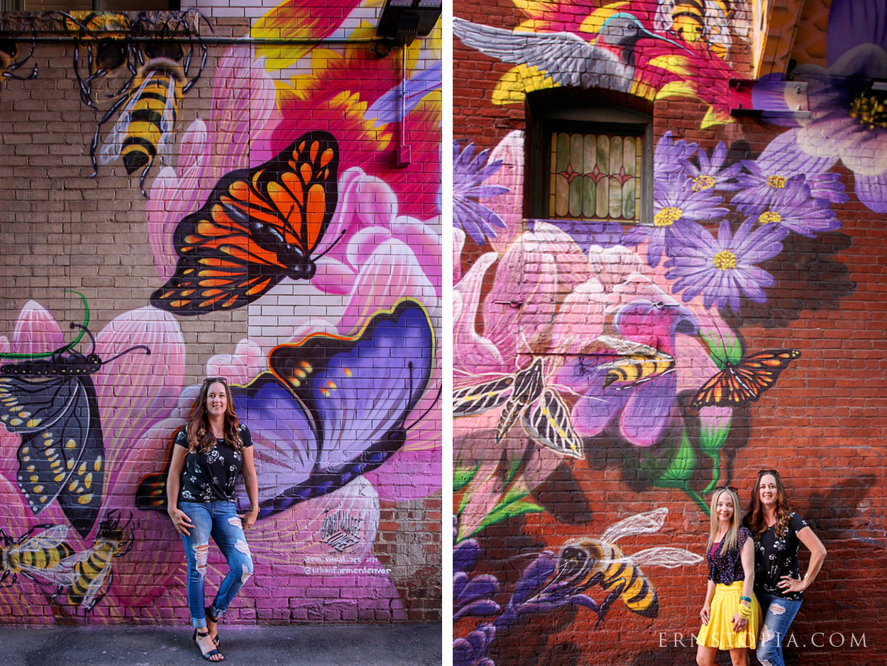 Beautiful Denver mural featuring butterflies, bees and hummingbirds