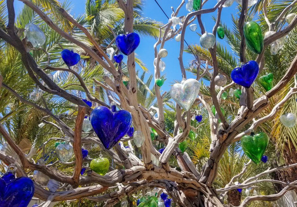 Handblown glass hearts hanging from a tree at La Coyota in Cabo San Lucas
