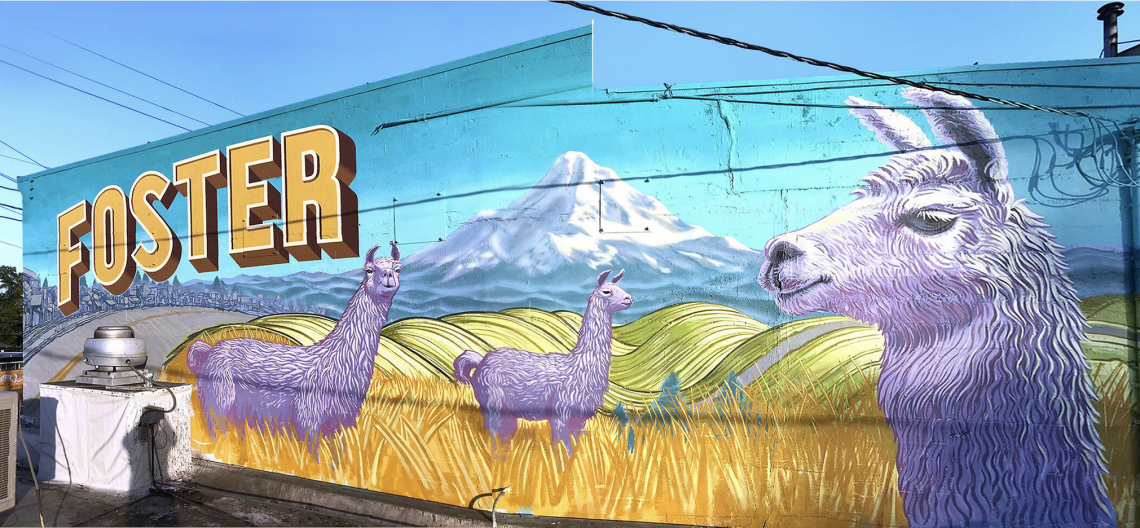 The Foster Llamas mural (Photo is not mine) From https://www.johnnyterrific.com/foster-llamas